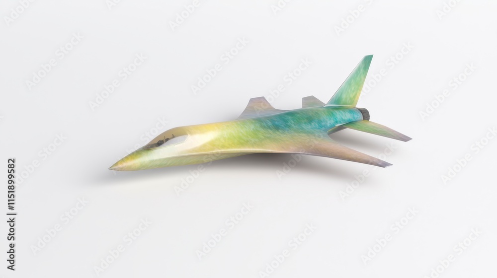 A colorful, stylized model of a jet aircraft, showcasing sleek lines and an artistic design. A colorful, stylized model of a jet aircraft, showcasing sleek lines and an artistic design.