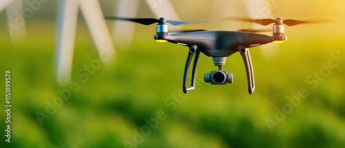 close up of drone flying over green field, showcasing advanced technology and innovation photo