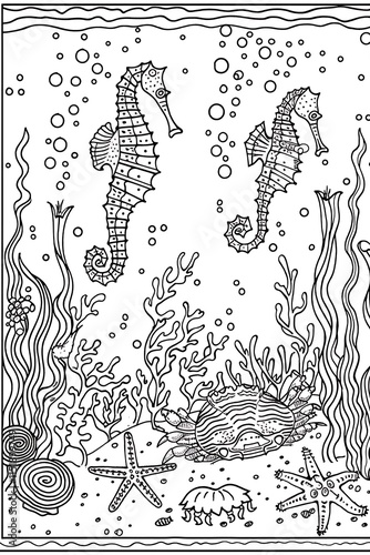 Underwater adventure seahorses and crabs amidst coral reefs ocean depths coloring page marine life exploration photo