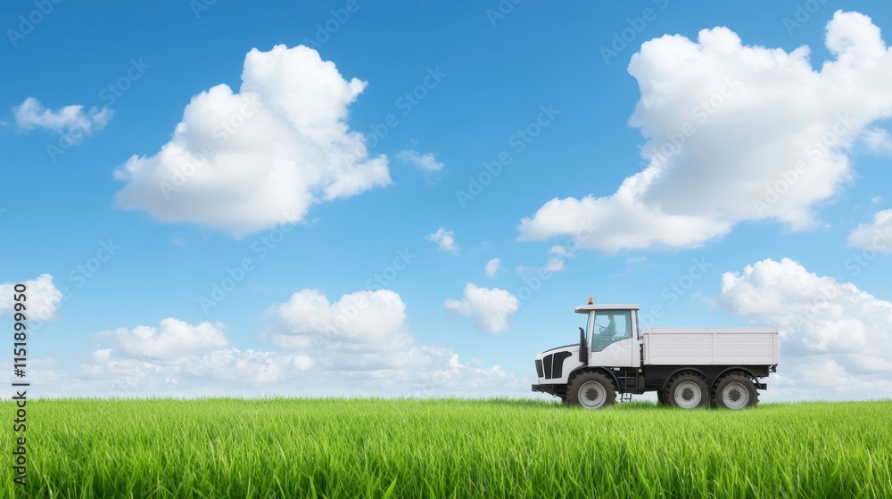 A scenic view of a field with a truck driving through lush green grass under a bright blue sky adorned with fluffy white clouds. A scenic view of a field with a truck driving through lush green grass under a bright blue sky adorned with fluffy white clouds.