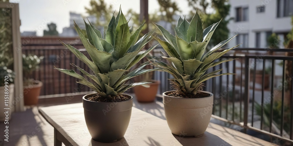 Fototapeta premium Mature Agave Americana Variegata in a pot on a balcony or patio, patio plants, decorative pots