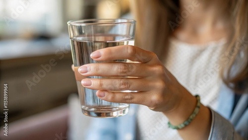 Close-up of a woman's hand holding a glass of water