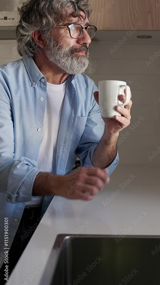 Senior man enjoying a cup of coffee in his modern kitchen
