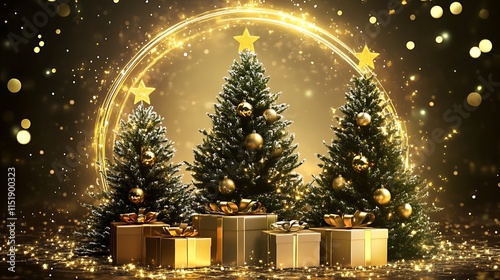 A trio of beautifully decorated Christmas trees with golden ornaments and wrapped gifts, encased in a glowing golden circular frame. photo