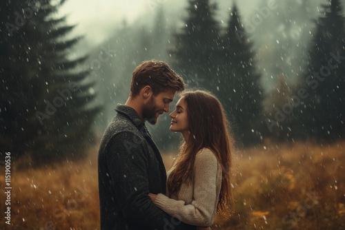 Beautiful young couple in love, standing close together on the edge of an alpine meadow during heavy rain and fog, with a forest background and a dark grey sky.