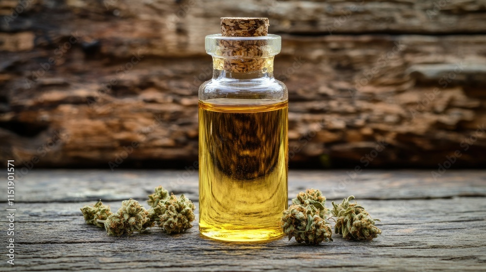 A bottle of CBD oil with dried cannabis flower buds on rustic wood, creating a natural, earthy background with space for text or branding. A bottle of CBD oil with dried cannabis flower buds on rustic wood, creating a natural, earthy background with space for text or branding.