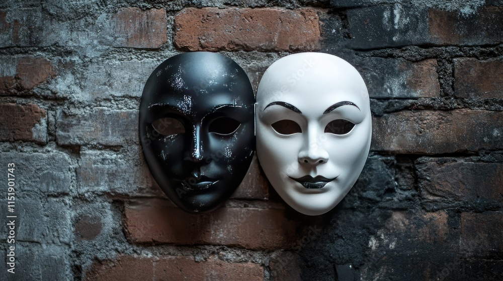 Black and white masks hanging side by side on a rustic brick wall, symbolizing comedy and tragedy in theater Black and white masks hanging side by side on a rustic brick wall, symbolizing comedy and tragedy in theater