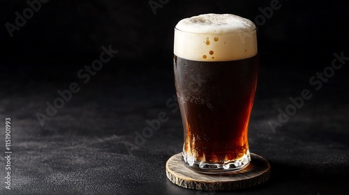 Glass of iced cold root beer with frothy foams wooden coaster dark background