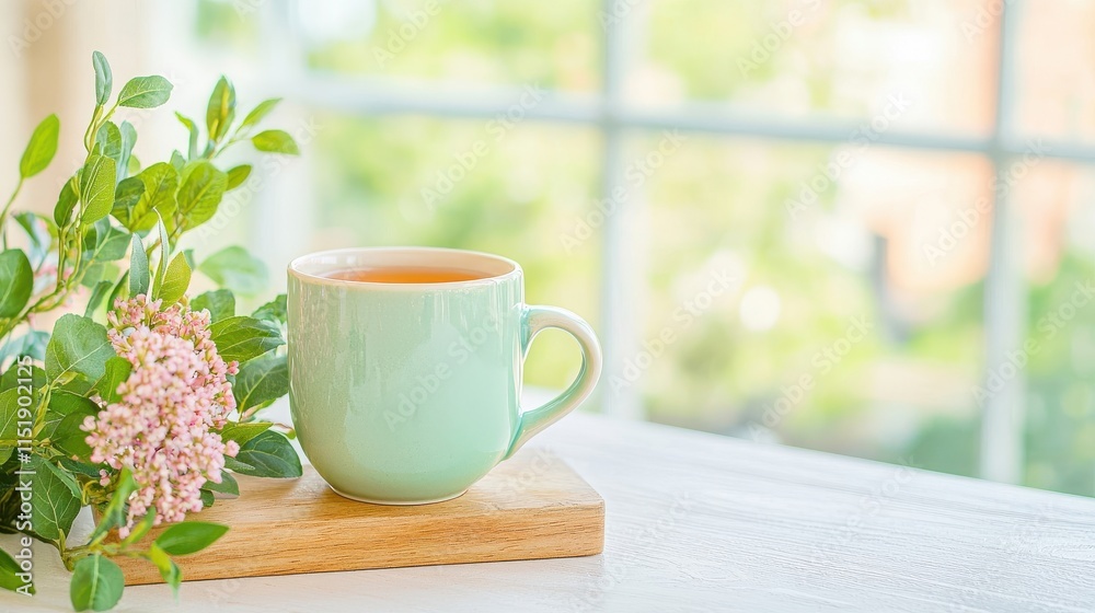 Holistic health business. A serene scene featuring a green mug of tea beside fresh flowers on a wooden surface with a bright window view. Holistic health business. A serene scene featuring a green mug of tea beside fresh flowers on a wooden surface with a bright window view.