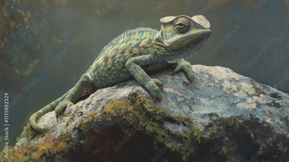 A chameleon camouflaged on a mossy rock, designed with extra room in the frame for creative writing. A chameleon camouflaged on a mossy rock, designed with extra room in the frame for creative writing.