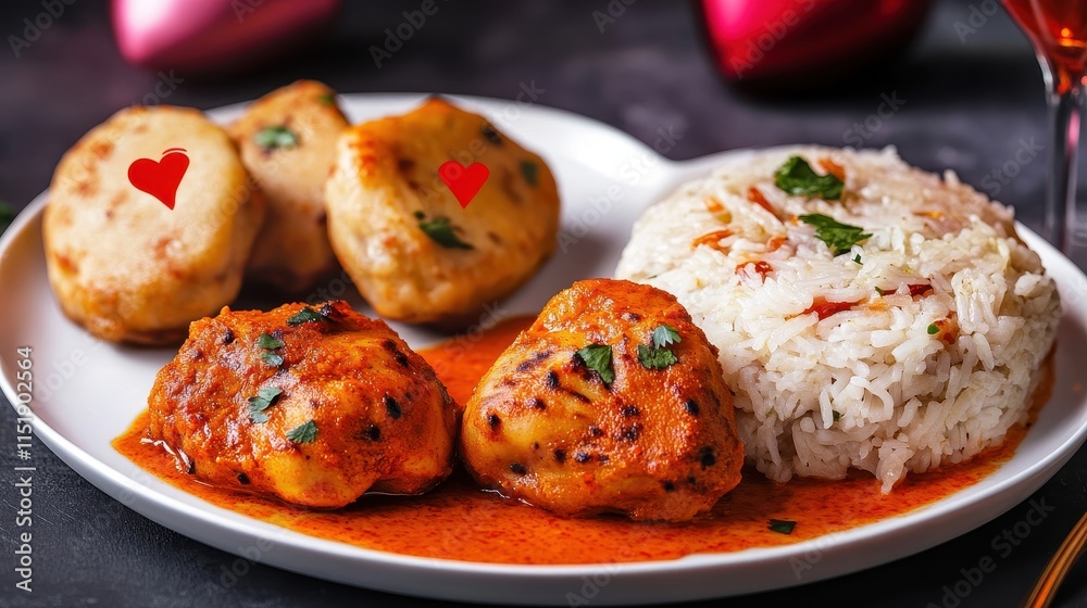 Spicy Indian Cuisine Plate with Rice and Heart Decorated Snacks Spicy Indian Cuisine Plate with Rice and Heart Decorated Snacks