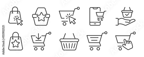 Online shopping icon set. E-commerce and retail line icons. Adding items to a cart, making purchases, and favorites. Vector illustration