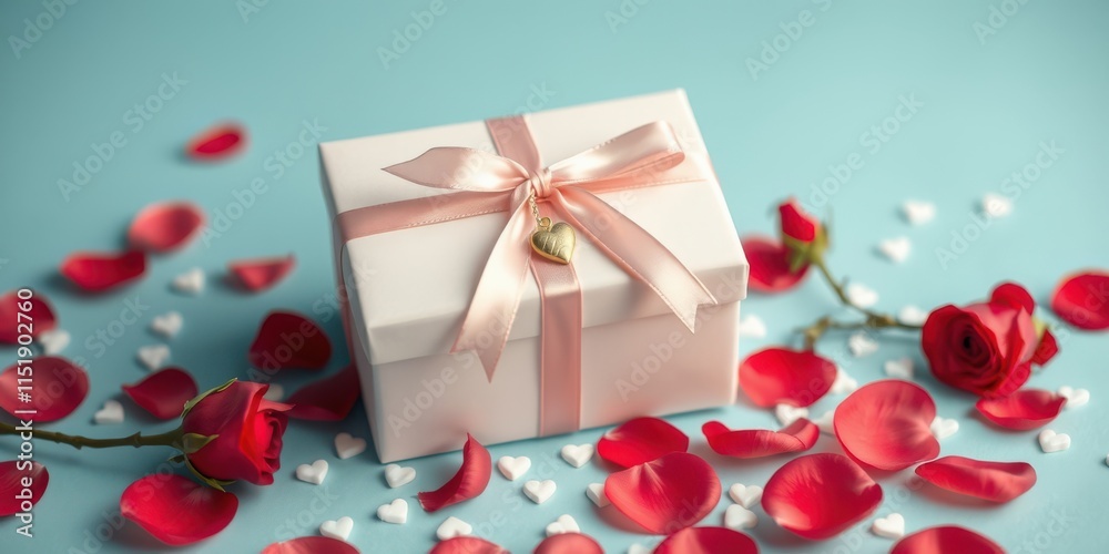 Obraz premium A heart-shaped charm adorns a delicate pink ribbon tied around a white gift box, nestled among scattered rose petals and white hearts on a light blue background.