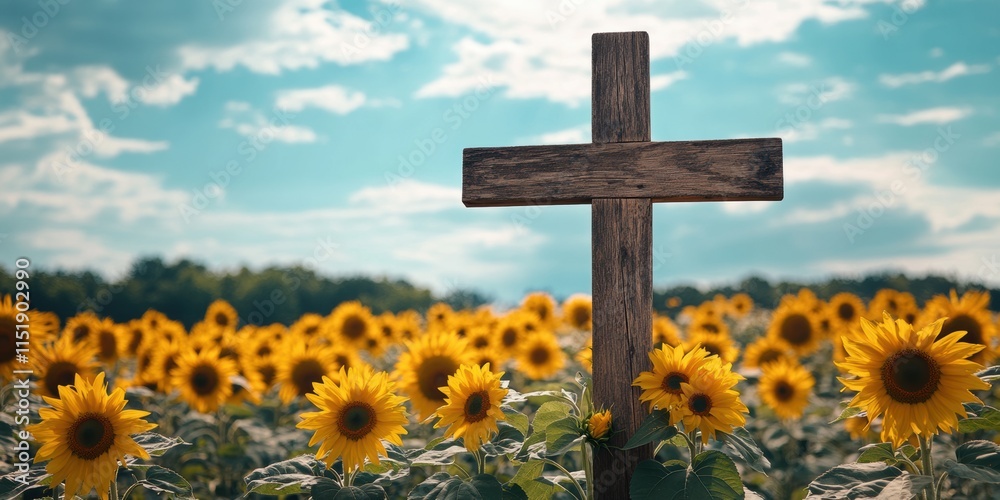Sunflower field with wooden cross country landscape nature photography peaceful environment wide view spiritual concept Sunflower field with wooden cross country landscape nature photography peaceful environment wide view spiritual concept