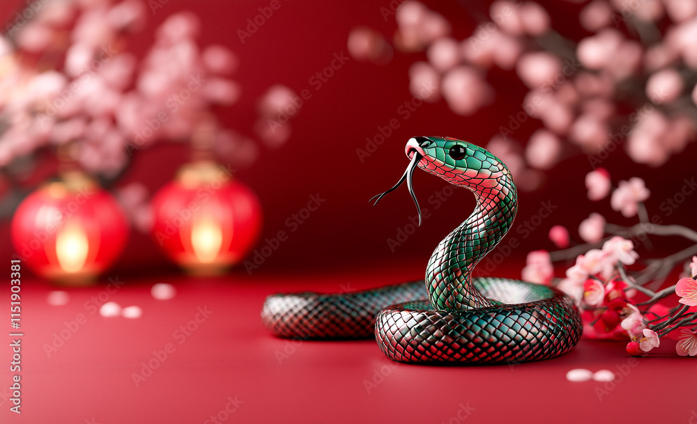 vibrant green snake with striking pattern is coiled on red surface, surrounded by delicate pink flowers and glowing lanterns, creating captivating and festive atmosphere vibrant green snake with striking pattern is coiled on red surface, surrounded by delicate pink flowers and glowing lanterns, creating captivating and festive atmosphere