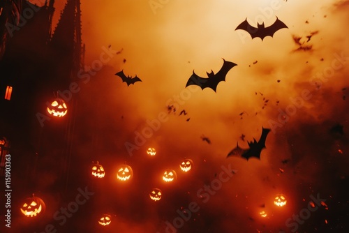 Spooky Halloween Scene with Floating Bats, Jack-o'-lanterns Under an Eerie Orange Sky and Dark Clouds Creating a Festive Atmosphere for Halloween Night Celebrations