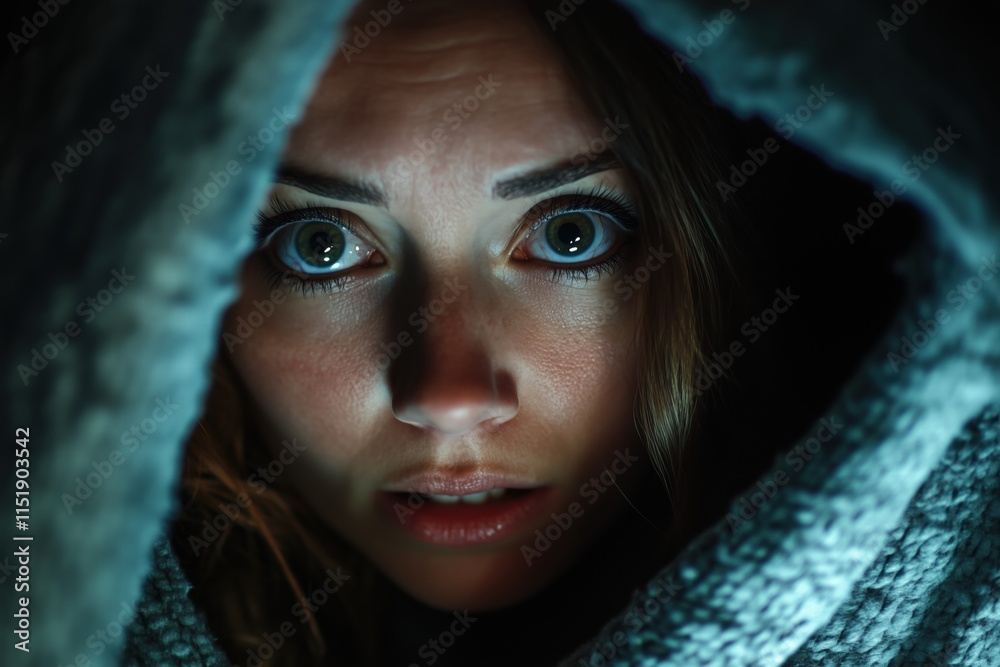 A close-up portrait of a woman with wide eyes, looking directly at the camera. She is partially covered by a textured blanket, creating a mysterious and intimate atmosphere. A close-up portrait of a woman with wide eyes, looking directly at the camera. She is partially covered by a textured blanket, creating a mysterious and intimate atmosphere.