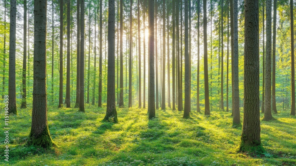 Sunlit Morning in a Lush Green Forest of Tall Trees Sunlit Morning in a Lush Green Forest of Tall Trees