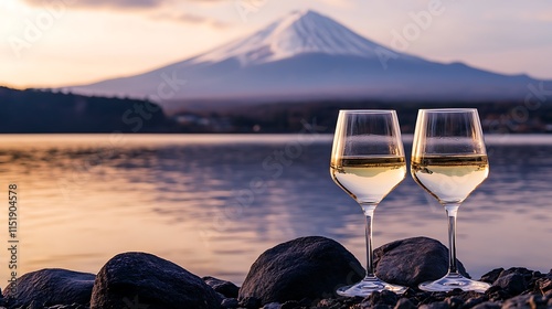 Two elegant wine glasses resting on rocks, with the majestic Mount Fuji reflected in the calm waters of a nearby lake.