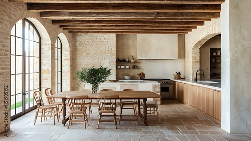 Rustic kitchen with farmhouse table, wood beams, and stone walls.