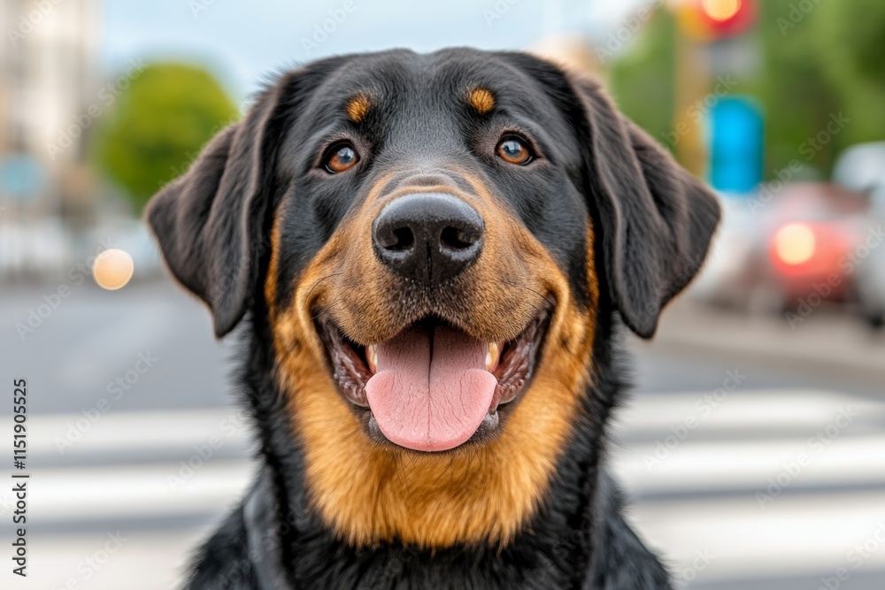 A guide dog leading a visually impaired person through a busy crosswalk, showcasing focus and companionship