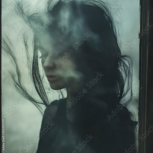 A contemplative woman is partially shrouded in soft, flowing smoke. photo