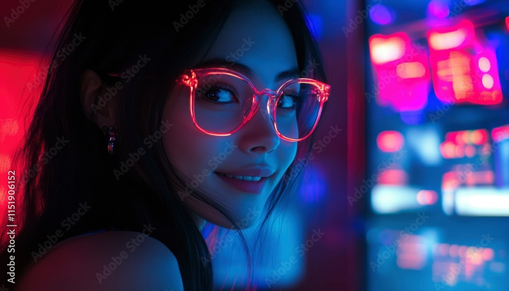 Young Woman with Red Glasses Smiles in Neon Light Young Woman with Red Glasses Smiles in Neon Light