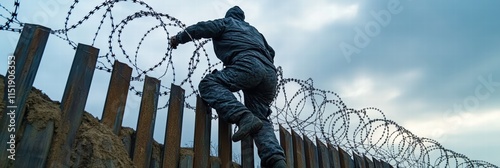 Human figure climbs over barbed wire fence under cloudy sky in a perilous escape attempt
