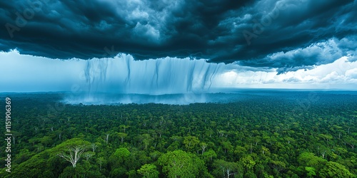 Aerial view of the rainforest with dramatic storm clouds and heavy rain pouring down.