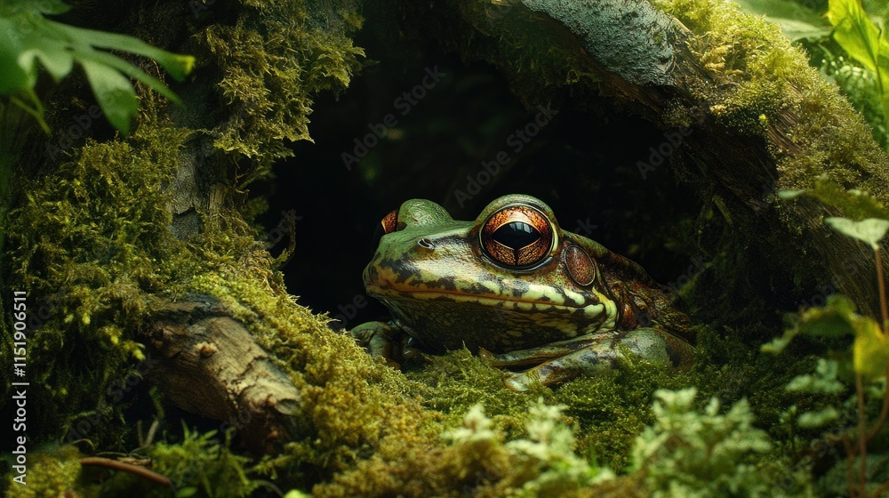 Obraz premium A well-camouflaged frog blending into its mossy surroundings, with an open space to write a message.