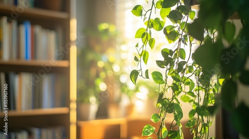 Blurred bookshelf in a tranquil library with lush greenery, serene reading vibes, personal study comfort, stress-free relaxation, and modern interior design style photo