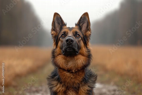 Hunting dog searching for game in a tranquil forest environment photo