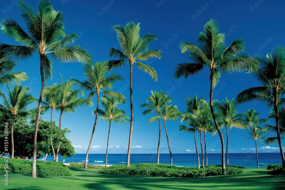 Lush Tropical Paradise with Palm Trees Against a Bright Blue Sky and Turquoise Ocean Waves in a Scenic Coastal Landscape Lush Tropical Paradise with Palm Trees Against a Bright Blue Sky and Turquoise Ocean Waves in a Scenic Coastal Landscape