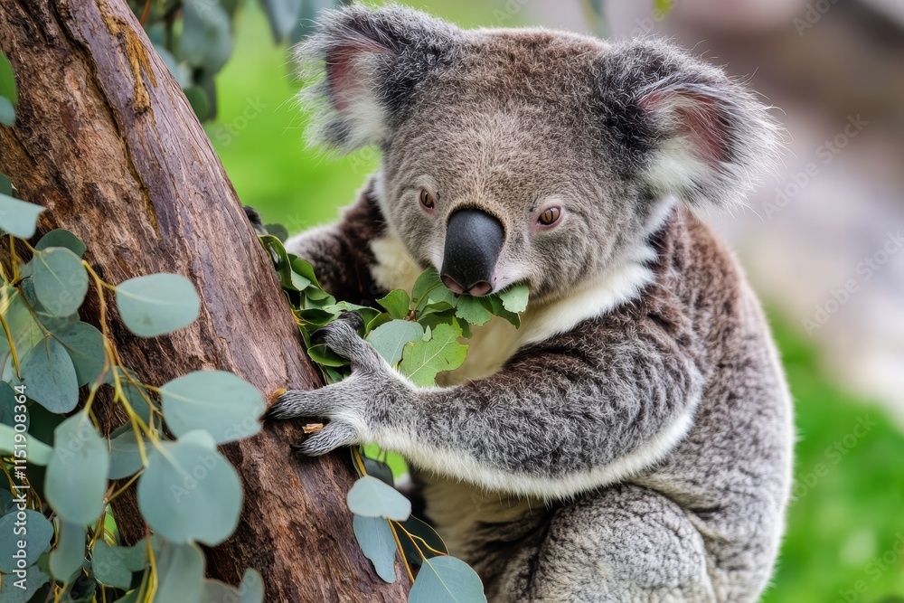 Naklejka premium Koala enjoying eucalyptus leaves while perched on a tree in its natural habitat
