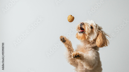 Verspielter Hund springt nach einem Leckerli in einer dynamischen Pose.

 photo