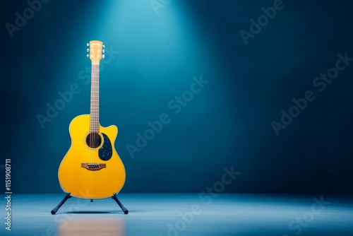 An empty rehearsal room with a single guitar on a stand, illuminated by soft, ambient light from a nearby window photo