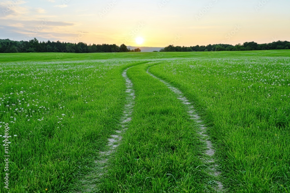 An overgrown field of wild grass and flowers, with a narrow path winding through it under a golden sunset An overgrown field of wild grass and flowers, with a narrow path winding through it under a golden sunset