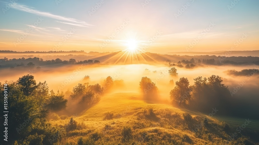 Obraz premium Golden Sunrise Over Foggy Rolling Hills Landscape