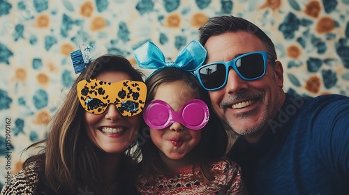 A cheerful family of three, mom, dad, and daughter, posing with funny props in a photo booth for a joyful family moment. photo