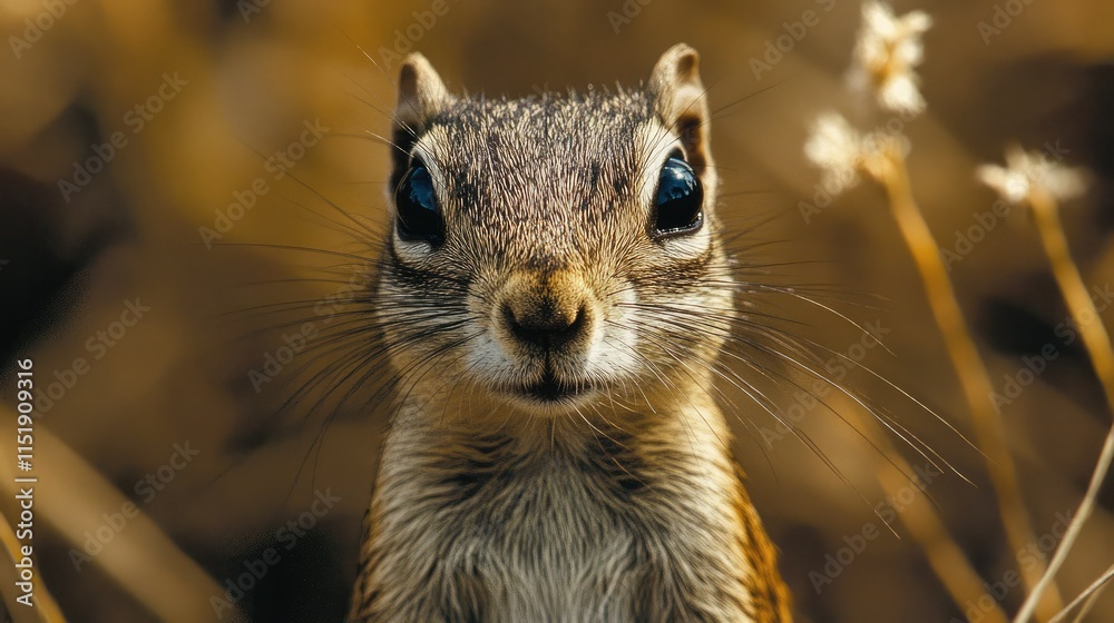 Close-up of a Cape ground squirrel with alert eyes and bushy tail, set against the rugged backdrop of Namibia savannah. Close-up of a Cape ground squirrel with alert eyes and bushy tail, set against the rugged backdrop of Namibia savannah.