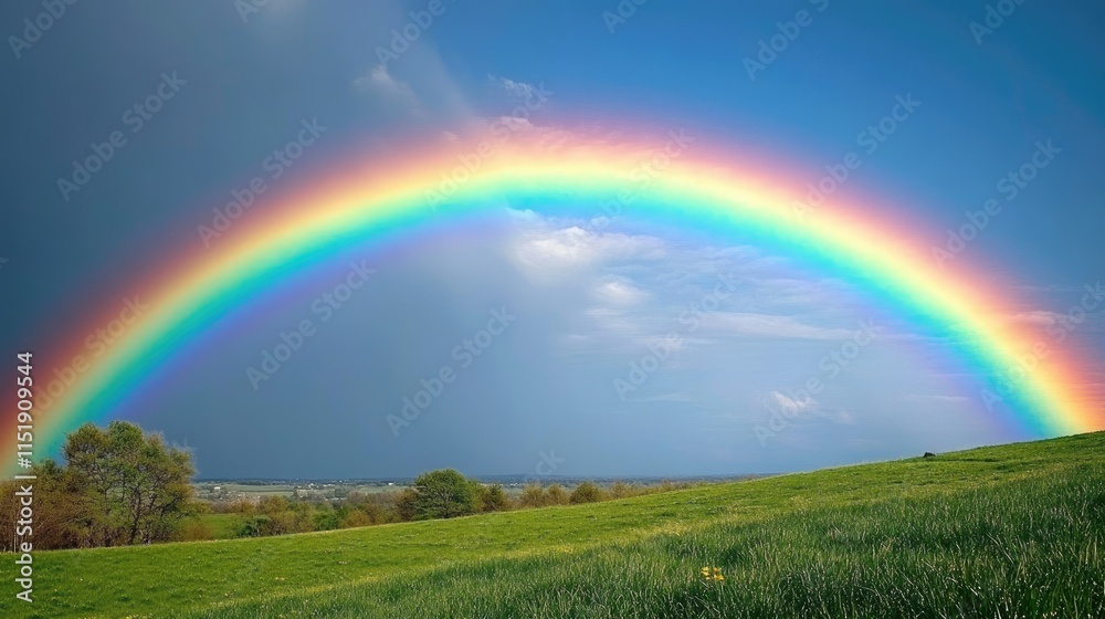 Vibrant Rainbow Arcs Over Lush Green Rolling Hills Vibrant Rainbow Arcs Over Lush Green Rolling Hills