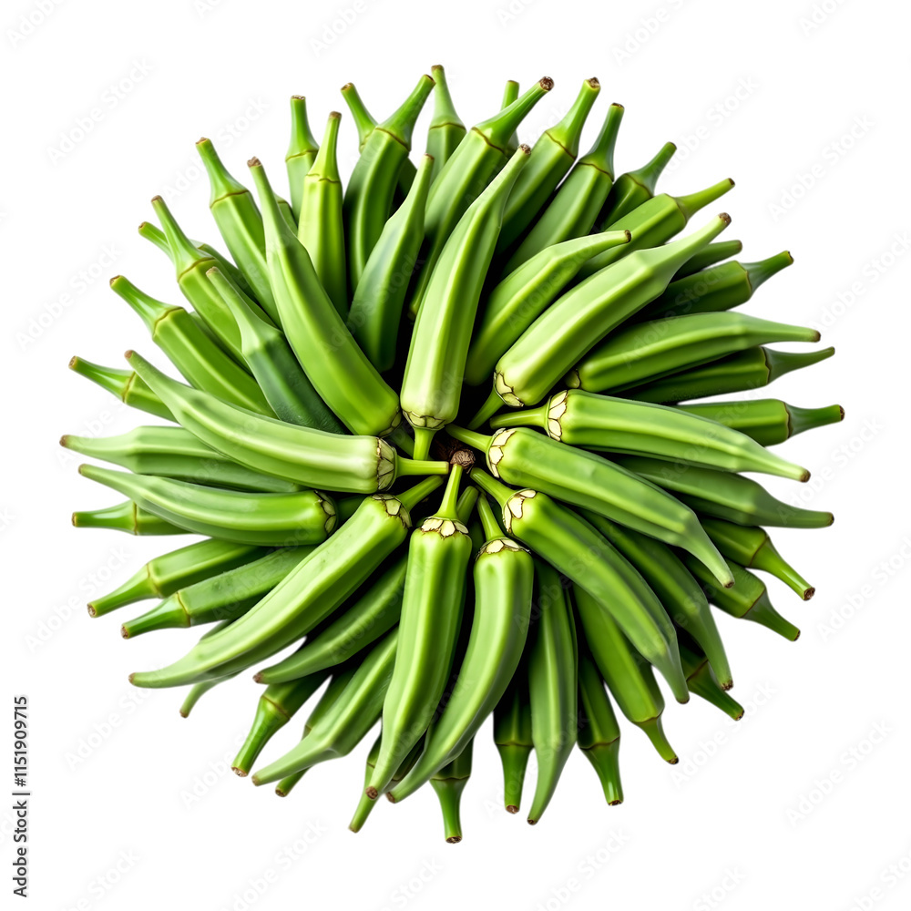 Fresh okra pods arranged in circular pattern with vibrant green color isolated on a transparent background Fresh okra pods arranged in circular pattern with vibrant green color isolated on a transparent background