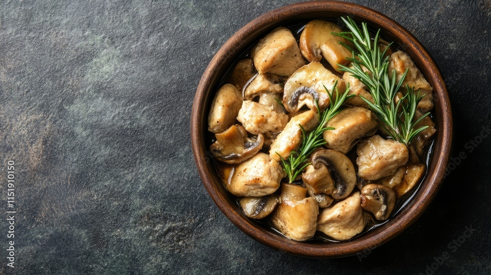 Comfort food bowl of stewed chicken and mushrooms, paired with rosemary garnish, shot top view with ample text space. Comfort food bowl of stewed chicken and mushrooms, paired with rosemary garnish, shot top view with ample text space.