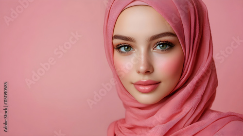 Beautiful young woman wearing a soft pink hijab with flawless makeup, exuding elegance, confidence, and feminine grace against a matching pink background