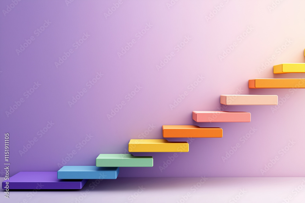 Colorful staircase leading upward against a soft gradient wall Colorful staircase leading upward against a soft gradient wall