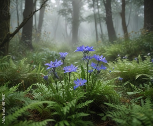 Chicory and centaury flowers growing amidst ferns in a misty forest, botanical, centaury, ferns