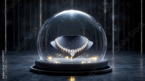 A luxurious necklace displayed under a glass dome, illuminated with sparkling lights, showcasing elegance and sophistication.