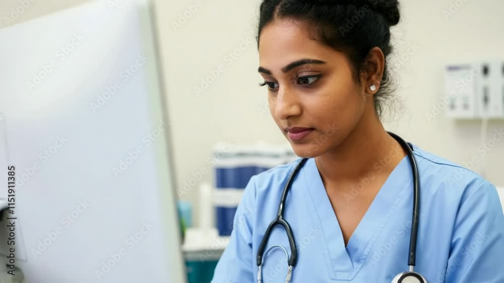 Focused nurse reviewing medical records on computer in hospital setting