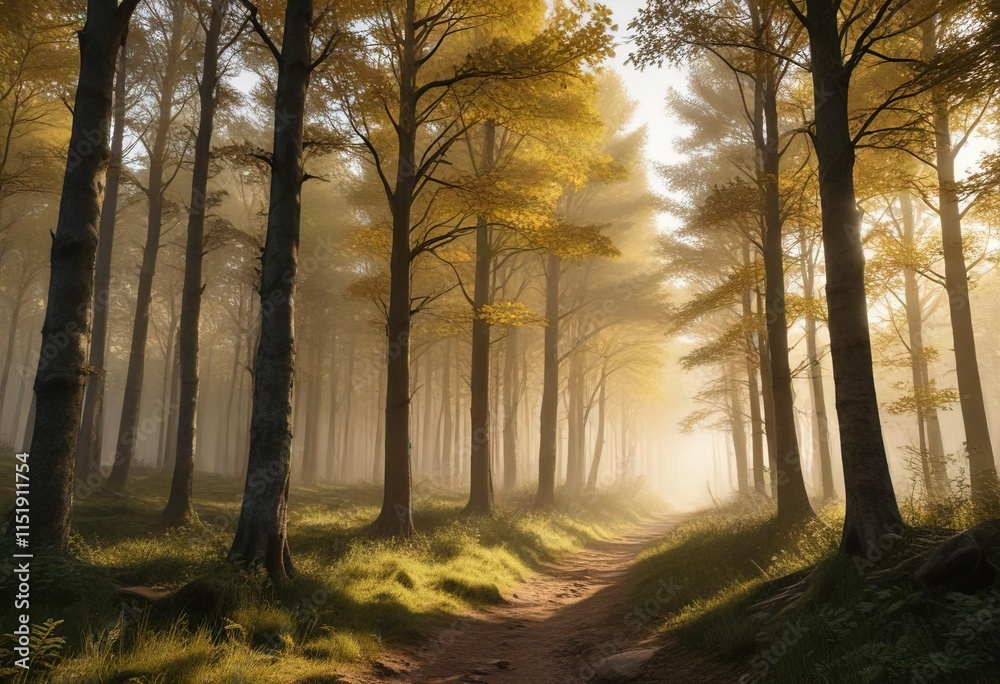 Fototapeta premium Overcast sky with golden light filtering through trees in a Val di Cembra forest, autumn, fall foliage, misty valley