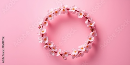 A delicate circle of pale pink blossoms arranged on a soft pink background, creating a romantic and ethereal frame.
